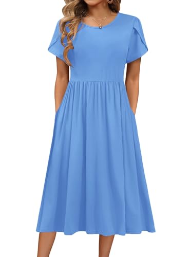 Hotouch Sommerkleid Damen Strandkleid Einfarbig Midikleid Freizeitkleid Rundhals Kurzarm Shirt Kleid mit Tasche Sommer Elegant Blusenkleid Hellblau M von Hotouch