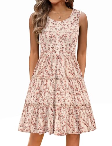 Hotouch Kleider Damen Blumen Sommerkleid Ärmellos Elegant Strandkleid Knielang A-Linie Kleider Rundhals Freizeitkleid Swing mit Tasche Rüschen Tank Kleid WeißRosa XL von Hotouch