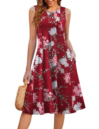 Hotouch Sommerkleider für Damen Boho Falten Midikleid Elegant Rundhals Blumendruck Strandkleid Ärmelloses T-Shirt Kleid Sommer Midikleid Mit Taschen Muster 105 S von Hotouch
