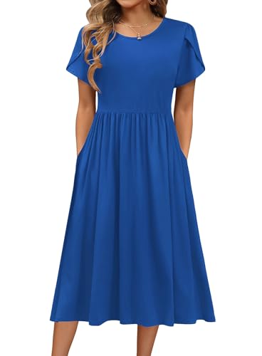 Hotouch Sommerkleider für Frauen Lässiges Kurzarm Strandkleid Damen Rundhals Sommerkleid A Linie Swing Kleid mit Taschen Marineblau XXL von Hotouch