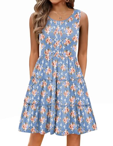 Hotouch Strandkleid Damen Ärmellos Rundhals Sommerkleid Blumen Leicht Knielang Ärmellos Kleid Freizeitkleid mit Taschen Casual Lässig Tank Kleid Blau Rose XL von Hotouch