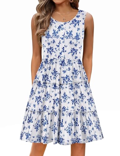 Hotouch Damen Sommerkleid Rundhals Ausschnitt Strandkleid mit Taschen Ärmellos Knielang Leicht Swing Ärmellos Kleid Freizeitkleid Casual Lässig Tank Kleid Blau Blumig XXL von Hotouch