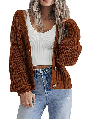 Hotouch Strickjacke Damen Grobstrick V-Ausschnitt Knopfleiste Cardigan Laternenärmel Gestrickte Jacke Weich Ziegelrot Outerwear XXL von Hotouch