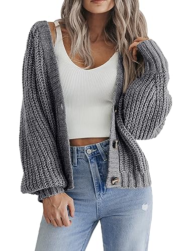 Hotouch Strickjacke Damen Knopfleiste Strick Cardigan Kurz Langarm Gestrickte Jacke Dunkelgrau Frühling Herbst Pullover XS von Hotouch