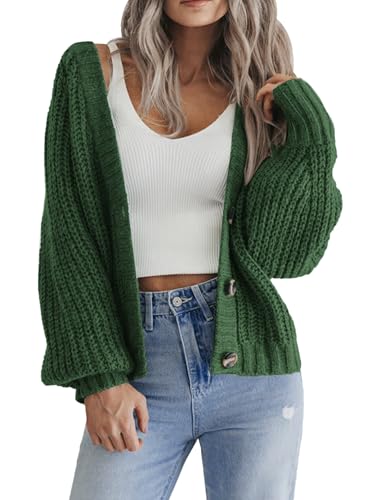 Hotouch Strickjacke Damen Solid Langarm Gestrickte Jacke V-Ausschnitt Cardigan Lässig Open Front Sweater mit Knopf Herbst Grün S von Hotouch