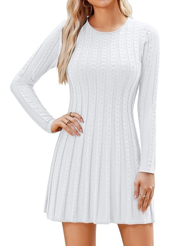 Hotouch Strickkleid Damen Elegant Herbstkleid Langarm Pulloverkleid Rundhals Herbst Winterkleid Winter Kleider Einfarbig Midikleid Casual Freizeit Cocktail Weiß L von Hotouch
