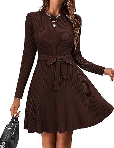Hotouch Strickkleid Damen Rundhals Langarmkleid Elegant Tunika Pullikleid Winterkleid Mit Gürtel Sweater A-Linie Midikleid Für Herbst Braun L von Hotouch