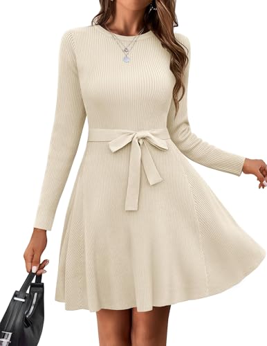 Hotouch Strickkleid Damen Rundhals Kleid Elegant Tunika Pullikleid Winterkleid Mit Gürtel Sweater A-Linie Midikleid Für Herbst Beige L von Hotouch