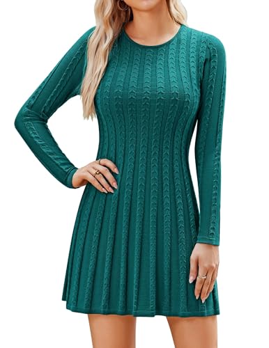 Hotouch Strickkleid Damen Winter Herbst Winterkleid Casual Knielang Pulloverkleid Rundhals Langarm Elegant A Linie Kleider Einfarbig Dunkelgrün M von Hotouch