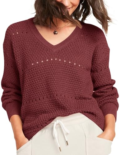 Hotouch Pullover Damen Strickpullover Elegant V-Ausschnitt Pulli Langarm Einfarbig Knit Sweater Herbst Winter Strick Langarmshirt Lässig Oberteile Burgunderrot S von Hotouch