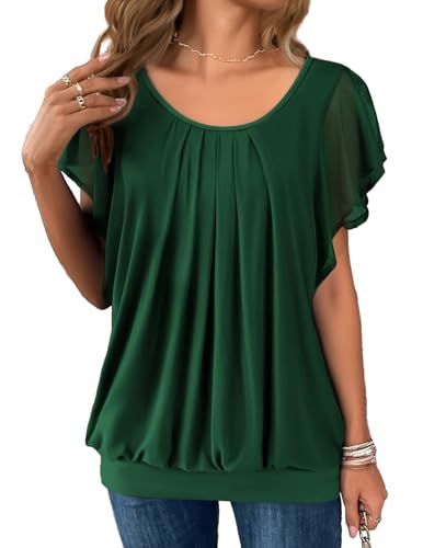 Hotouch T Shirt Damen Doppellagig Mesh Rundhals Oberteile Loose Flowy Flügelärmel Tunika Sommer elegant Top von Hotouch