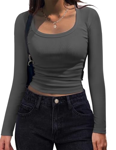 Hotouch Tops Für Damen Langarmshirt Baumwolle Rundhals Stretch Y2K Tshirt Langarm Figurbetonte Oberteile Pullover Basic Tops Dukelgrau S von Hotouch