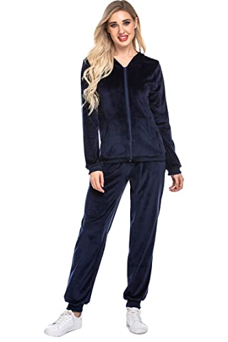 Hotouch Trainingsanzug Damen Velours Hausanzug Herbst Winter Nicki Oberteile und Hose Jogginganzug Sportbekleidung mit Reißverschluss Kordelzug Taschen, Marineblau M von Hotouch