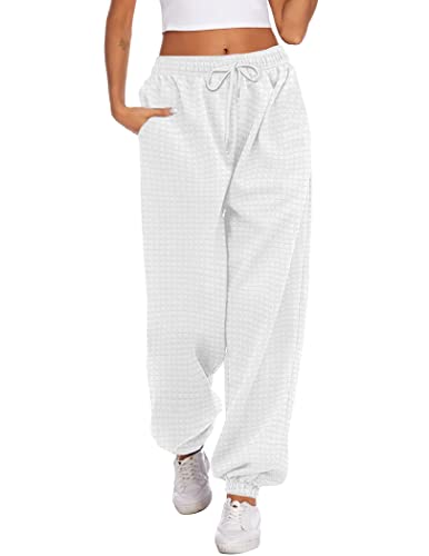 Hotouch Warme Jogginghose Damen Winter High Waist Kordelzug Freizeithose Waffle Sweatpants Baggy Lang Hose mit Taschen Weiß S von Hotouch