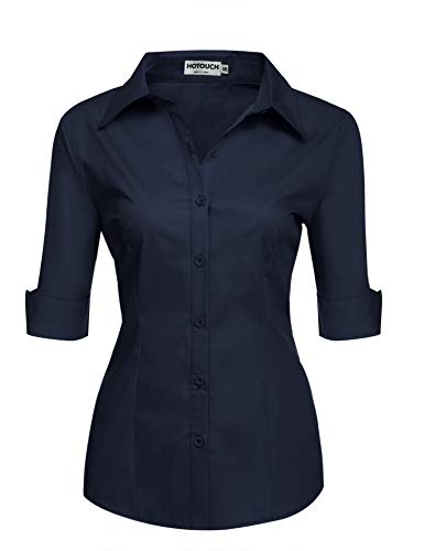 Hotouch Business Bluse Damen Kurzarm Shirt V-Ausschnitt Hemdbluse Frauen Elegant Oberteile Baumwolle Basic Hemden mit Knöpfen Navyblau S von Hotouch