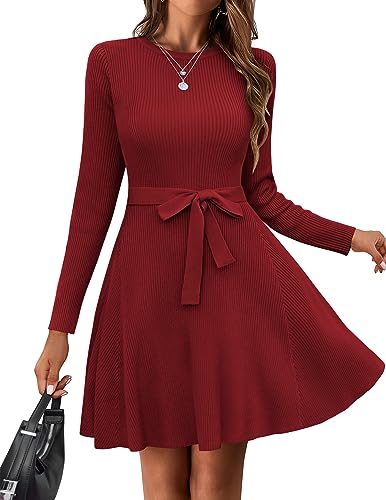 Hotouch Winterkleid Damen Kleider Langarm Strickkleid Rundhals Pulloverkleid Mit Gürtel A-Linie Midikleid für Freizeit Cocktail Rot XXL von Hotouch
