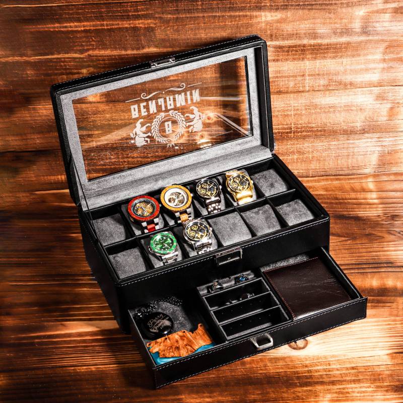 Two Layers 12 Slot Personalized Men's Watch Box | With Drawer Display Case For Watches |Black Leather Watch Box|Anniversary Him von HottasBottes