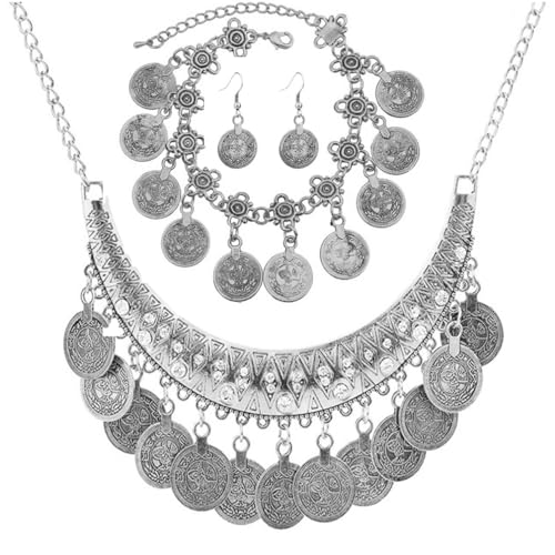Houhounb 4 Stück Vintage Metallic Münze Schmuck Set Ohrring Armband Und Halskette Set Schmuckset Boho-Stil Bib Front für Frauen und Mädchen, Silber Houhounb 4 Stück Vintage Metallic Münze Schmuck Set Ohrring Armband Und Halskette Set Schmuckset Boho-Stil Bib Front für Frauen und Mädchen, Silber von Houhounb