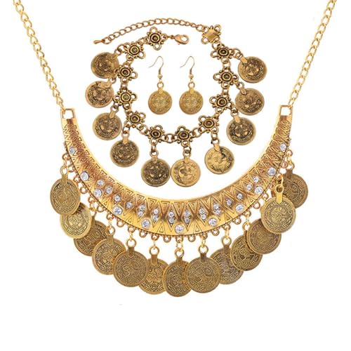Houhounb 4 Stück Vintage Metallic Münze Schmuck Set Ohrring Armband Und Halskette Set Schmuckset Boho-Stil Bib Front für Frauen und Mädchen,Golden Houhounb 4 Stück Vintage Metallic Münze Schmuck Set Ohrring Armband Und Halskette Set Schmuckset Boho-Stil Bib Front für Frauen und Mädchen,Golden von Houhounb