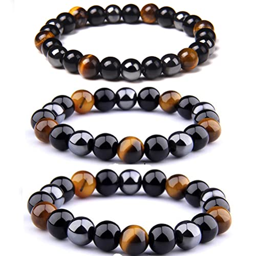 Houhounb Schwarzer Obsidian Tigerauge Stein Hämatit Armband Tigerauge Chakra Armband Energie Schutz Balance Charms Schmuck für Gesund Glück Reichtum，6mm,8mm,10mm, 3 Stück von Houhounb