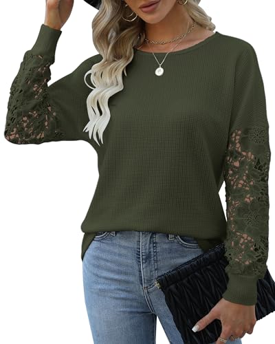 Hount Bluse Damen Elegant Rundhals Waffel Strick Pullover Spitzenarm Oberteile Pulli Herbst (L, Grün) von Hount