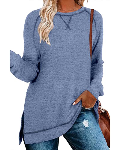 Hount Casual Langramshirt Damen Strickpullover Herbst Dünn Longshirt Solid Pulli Blusen Oberteile (M,Blau) von Hount