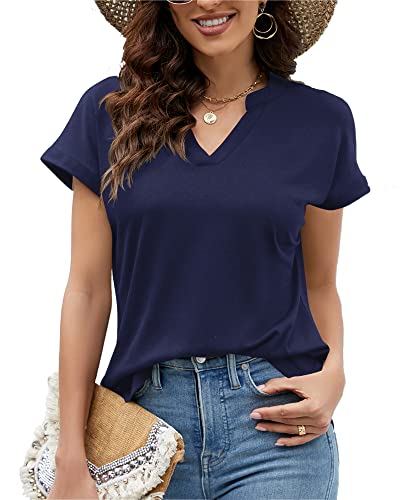 Hount Damen Basic Tshirt Einfarbig V Ausschnitt Elegant Shirts Blusen Casual Tunika Oberteil (L, Dunkelblau) von Hount