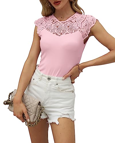 Hount Damen Bluse Elegant Spitzen Top Solide Lässige Oberteile Rundhals Basic Einfarbige T Shirt (S, Rosa) von Hount