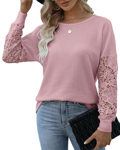 Hount Damen Bluse Mit Spitzenärmeln 2024 Waffelstrick Pullover U-Boot Ausschnitt Langarmshirt Elegant Oberteil (L, Rosa) von Hount