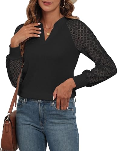 Hount Damen Bluse Oberteile Pullover Vintage Fledermausärmel Spitzenbluse Casual Oberteile Pulli (XXL, Schwarz) von Hount