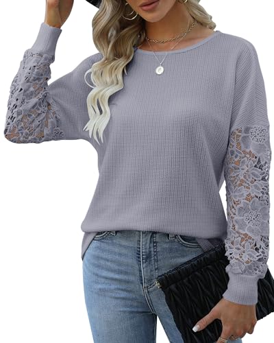 Hount Damen Bluse Spitzenarm Oberteile Pulli Casual Strick Pullover Spitzentops Basic Shirts (M, Grau) von Hount