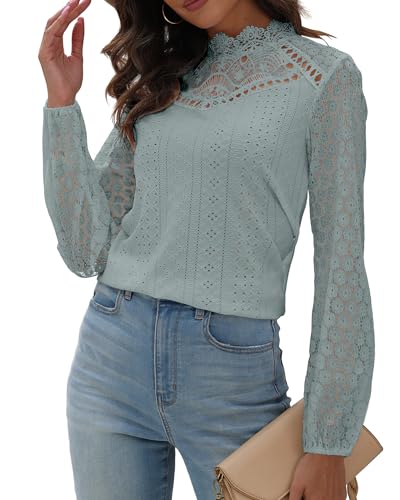 Hount Damen Bluse mit Spitze Einfarbig Spitzenärmel Shirt Elegant Dünnes Shickes Oberteil (S, Grün) von Hount