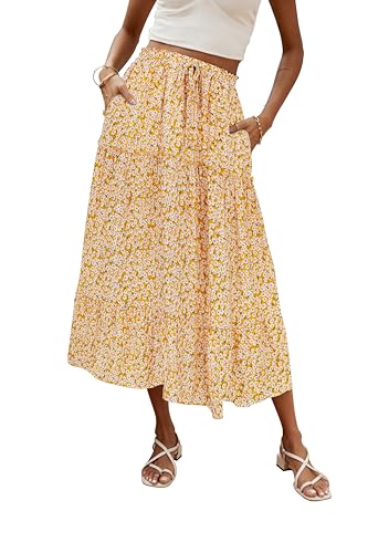 Hount Damen Boho Blumenrock Sommer Lang Rock Rüschen Freizeitrock Einfarbig Rock mit Taschen(XL, Gelb) von Hount