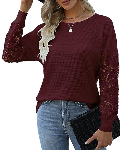 Hount Damen Casual Basic Pulli Oberteil Weit Bluse Tunika Rundhals Spitze Langarmshirt (S, Weinrot) von Hount