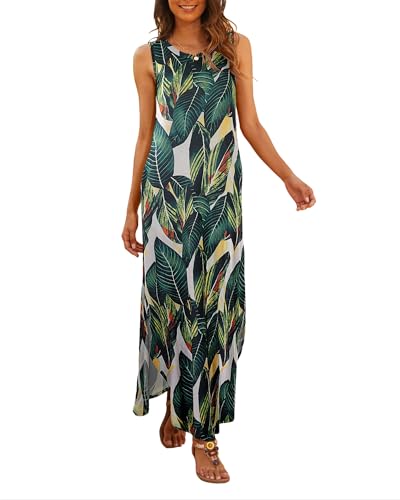 Hount Damen Dress Flowy Armelloses Strandkleid Rundhals A Linie Oversize Leicht Freizeitkleider (L, F2) von Hount