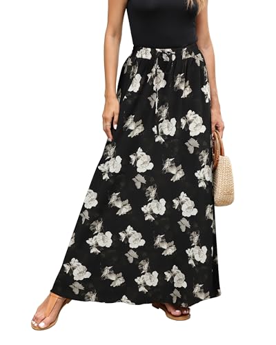Hount Damen Elegant Faltenrock Hohe Taille Lange Röcke mit Blumen Freizeit Sommerrock (S, F28) von Hount