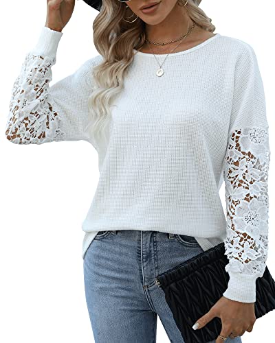 Hount Damen Elegant Pullover Business Bluse Tunika Solid Langarm Spitze Hemd (M, Weiß) von Hount
