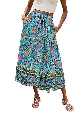 Hount Damen Faltenrock Knielang High Waist A Linie Swing Lang Vintage Rock mit Taschen (S, Grün) von Hount