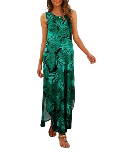 Hount Damen Lässiges Maxikleid Sommerkleid mit Blatt Sommer Ärmelloses Langes Kleid Taschen (M, Blattgrün) von Hount