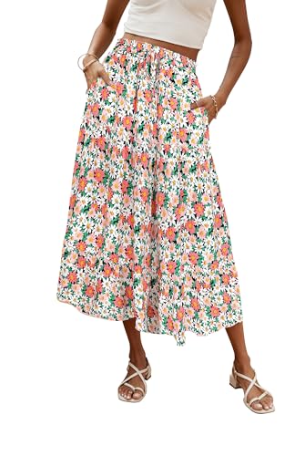 Hount Damen Lang Elegant Röcke Hohe Taille Maxirock Mit Kordelzug Blumen Rock mit Taschen (M, Blumen 2) von Hount