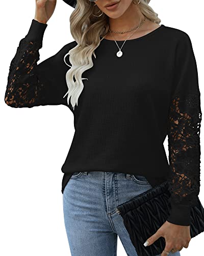 Hount Damen Lang Hemdbluse Oberteil mit Spitze U-Boot Ausschnitt Pullover Elegant Tunika Shirt (XL, Schwarz) von Hount