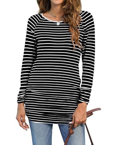Hount Damen Lang Tunika Bluse Casual Oberteile Luftig Slim Fit Langarmshirt mit Gummizug (XXL, Weiß Gestreiftes) von Hount