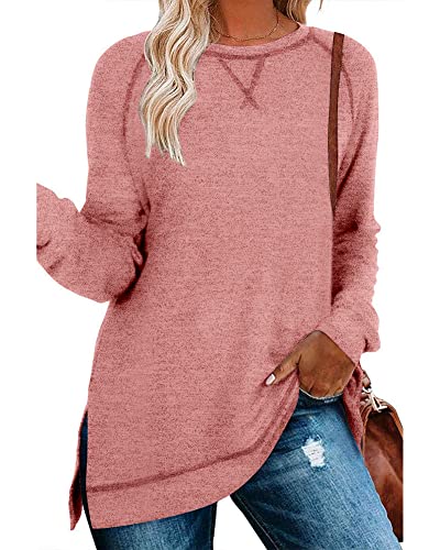 Hount Damen Langarm Oberteil Locker Longpullover Einfarbig Basic Longshirt Longsleeve Sweatshirt (XXL,Rosa) von Hount