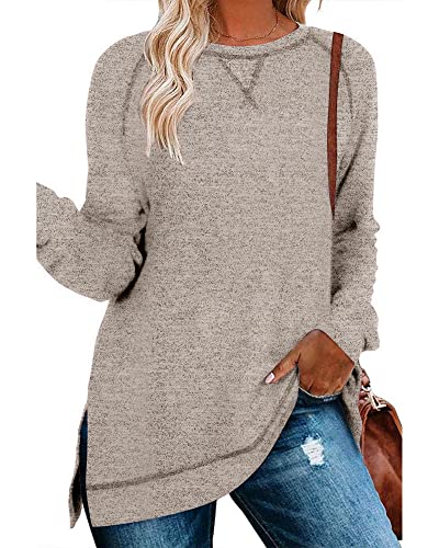 Hount Damen Langarmshirt Rundhals Tshirt Oversize Pullover Basic Einfarbig Tops Uboot Ausschnitt Blusen (L,Beige) von Hount