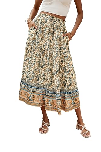 Hount Damen Langer Rock A Linie Lang Plisseerock Summer Floral Skirt Midi Freizeitrock mit Gummizug (M, Beige) von Hount