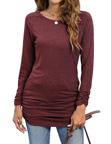 Hount Damen Leichtes Pullover Lockerer Sweatshirt Top U Ausschnitt Langarmshirt Longshirts Bluse Tops (S, Weinrot) von Hount