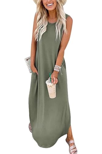 Hount Damen Maxikleid Einfarbig Boho Sommerkleid Knielang Schlitz Elegant Long Tank Kleid (S, Army Green) von Hount