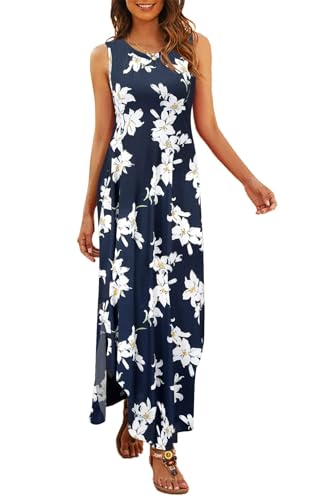 Hount Damen Maxikleider Sommer Ärmellos Strandkleid Elegante Casual Flowy Blumenkleid (XXL, Navyblau Blume) von Hount