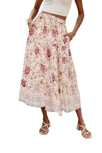 Hount Damen Midi Wickelrock Boho Floral Röcke Flowy Langrock Strand Röcke Kordelzug Rüschen Sommerrock (S, Weiß) von Hount
