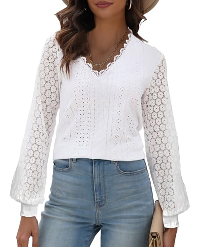 Hount Damen Oberteil Spitze Elegant Chiffon Modern Bluse Frühling Lace Langarmshirt (L, Weiß) von Hount